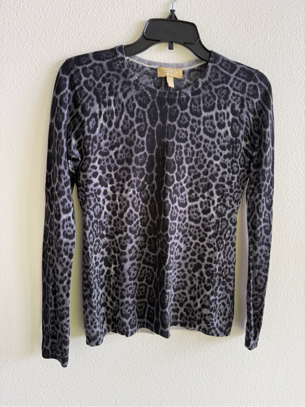 💯 Merino Wool, Charter Club Black & Gray Leopard Print Sweater, Size XS